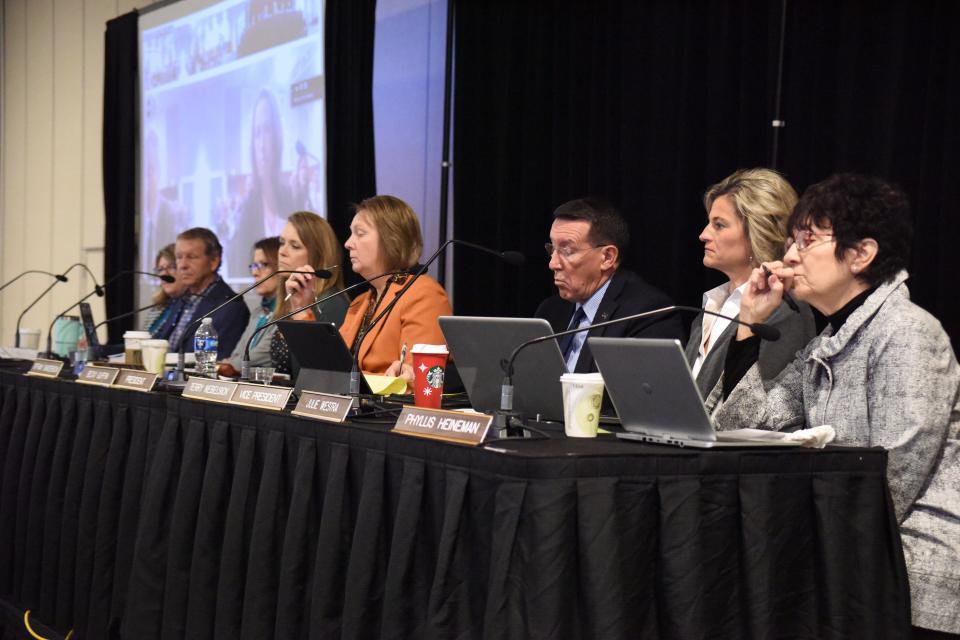 The South Dakota Board of Education Standards meets Nov. 21, 2022 in Sioux Falls at the Convention Center. From left to right: Rich Meyer, Linda Olsen, Education Secretary Tiffany Sanderson, Board president Becky Guffin, Board vice president Terry Nebelsick, Julie Westra and Phyllis Heineman.