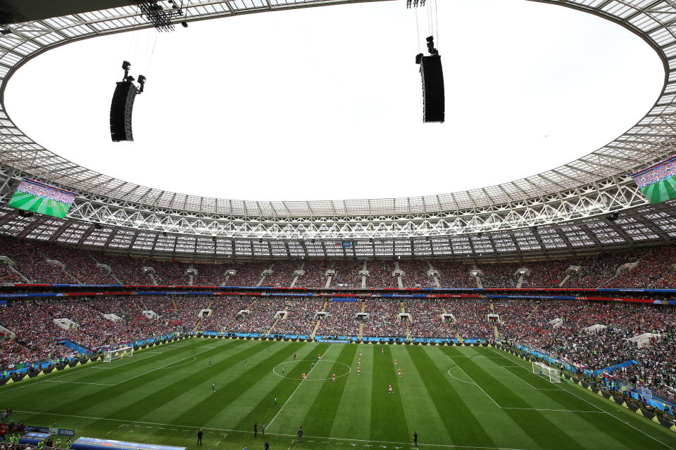 <p>Full house: The Luzhniki Stadium had barely a spare seat as kick off approached. (Getty) </p>
