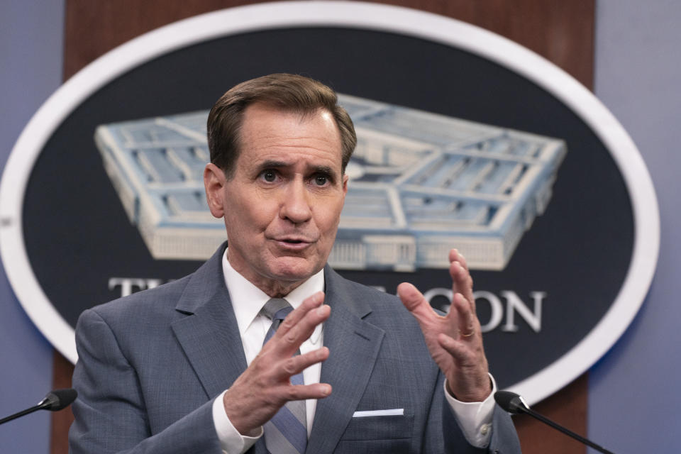 Pentagon spokesman John Kirby speaks during a briefing at the Pentagon in Washington, Monday, Nov. 1, 2021. (AP Photo/Manuel Balce Ceneta)