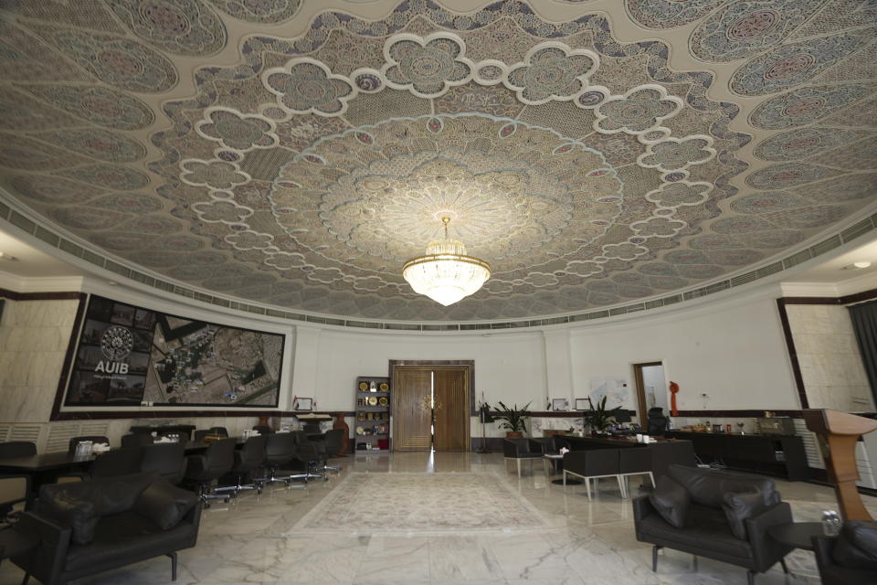 One of the halls in the former Iraqi leader Saddam Hussein's palace of al-Faw is seen in Baghdad, Iraq, Thursday, March 23, 2023. The palace is today the location of the American University. (AP Photo/Hadi Mizban)