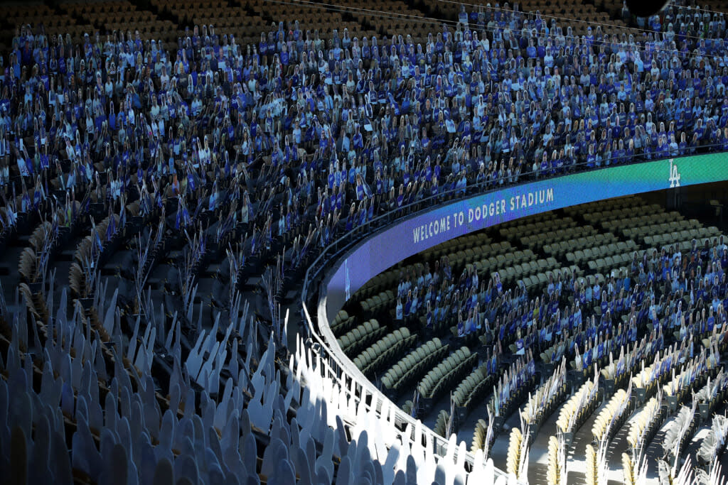 A general view of cardboard cutouts in the seats at Dodger Stadium before the game between the Los Angeles Dodgers and the San Francisco Giants on August 08, 2020 in Los Angeles, California. (Photo by Katelyn Mulcahy/Getty Images)