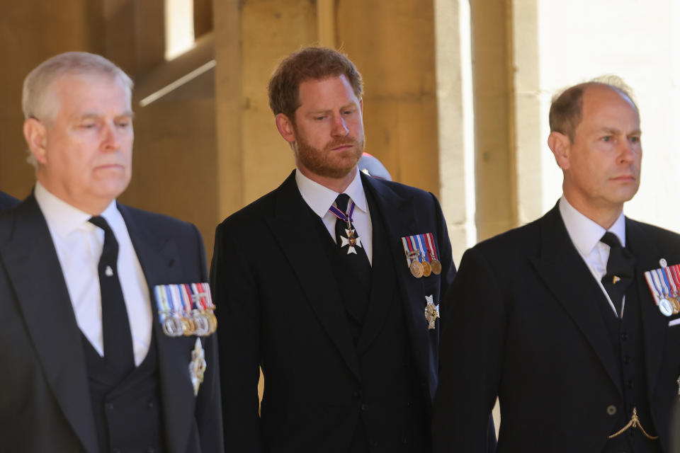 WINDSOR, ENGLAND - APRIL 17: Prince Andrew, Duke of York, Prince Edward,  Prince Harry, Duke of Sussex and Prince Edward, Earl of Wessex during the funeral of Prince Philip, Duke of Edinburgh at Windsor Castle on April 17, 2021 in Windsor, England. Prince Philip of Greece and Denmark was born 10 June 1921, in Greece. He served in the British Royal Navy and fought in WWII. He married the then Princess Elizabeth on 20 November 1947 and was created Duke of Edinburgh, Earl of Merioneth, and Baron Greenwich by King VI. He served as Prince Consort to Queen Elizabeth II until his death on April 9 2021, months short of his 100th birthday. His funeral takes place today at Windsor Castle with only 30 guests invited due to Coronavirus pandemic restrictions. (Photo by Chris Jackson/WPA Pool/Getty Images)