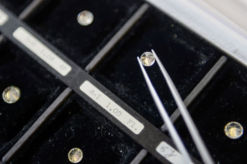 FILE PHOTO: Diamonds are seen at the diamond exchange, on the first day of easing of lockdown measures during the outbreak of the coronavirus disease (COVID-19) in Antwerp