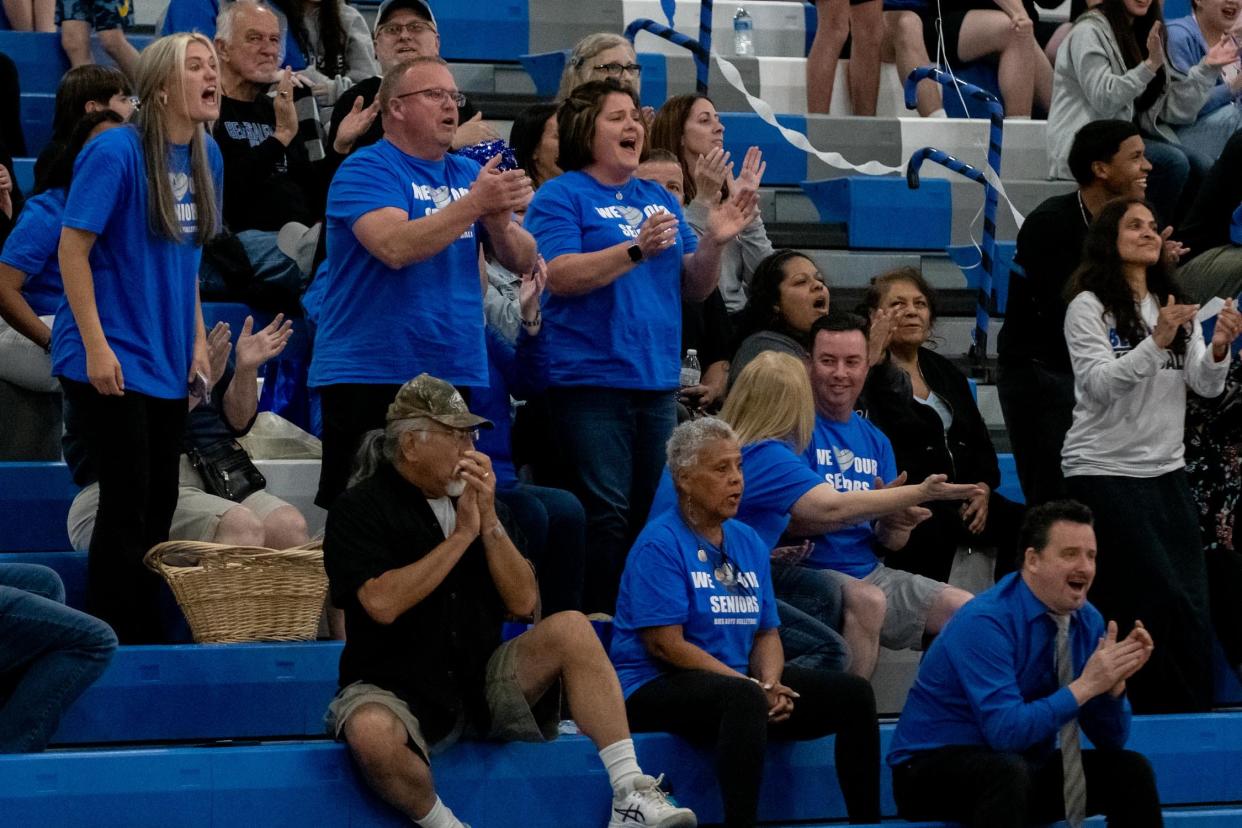 Bensalem fans cheer from teh stand during a volleyball match against Neshaminy, on Tuesday, May 9, 2023, at Bensalem High School. Neshaminy defeated Bensalem 3-1.