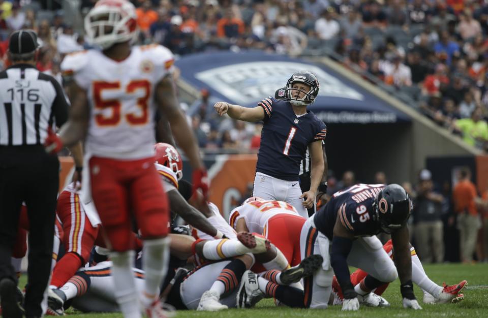 Chicago Bears kicker Cody Parkey watches bis field goal attempt during the first half of a preseason NFL football game against the Kansas City Chiefs Saturday, Aug. 25, 2018, in Chicago. (AP Photo/Annie Rice)