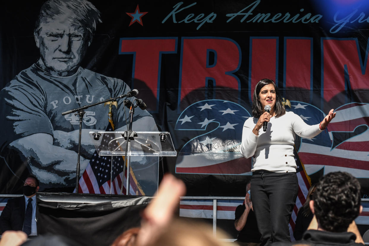 Nicole Malliotakis, a then-New York State assemblywoman, speaks during a pro-Trump rally on October 3, 2020 in the borough of Staten Island in New York City. (Photo by Stephanie Keith/Getty Images)