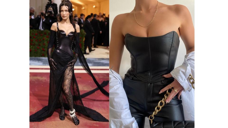 at left is Bella Hadid wearing a dominatrix style corsetry outfit in black. At right a model wears the Lorrin Cropped Corset in Black Leatherette, $69.95, from Showpo. 