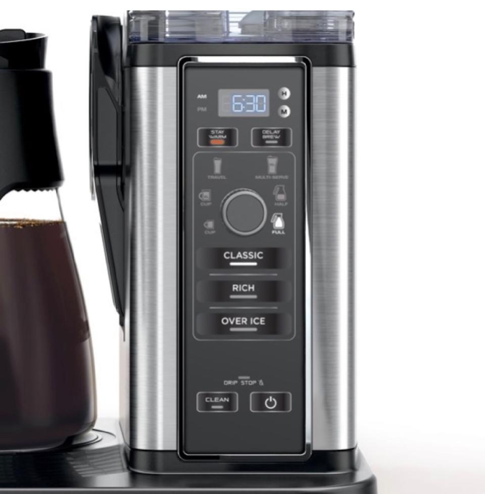 Close up on the Ninja coffee maker's control panel to show the variety of options available. 