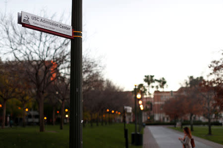 A sign is pictured on the grounds of University of Southern California in Los Angeles, California, U.S., March 13, 2019. REUTERS/Mario Anzuoni/Files