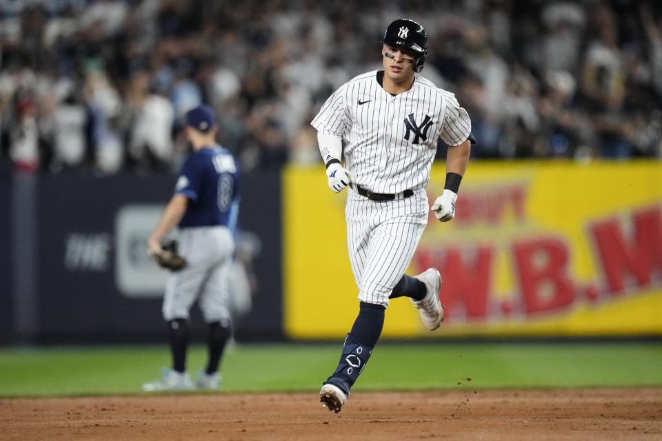 New York Yankees' Anthony Volpe runs the bases after hitting a home run against the Tampa Bay Rays during the fifth inning of a baseball game Friday, May 12, 2023, in New York. (AP Photo/Frank Franklin II)