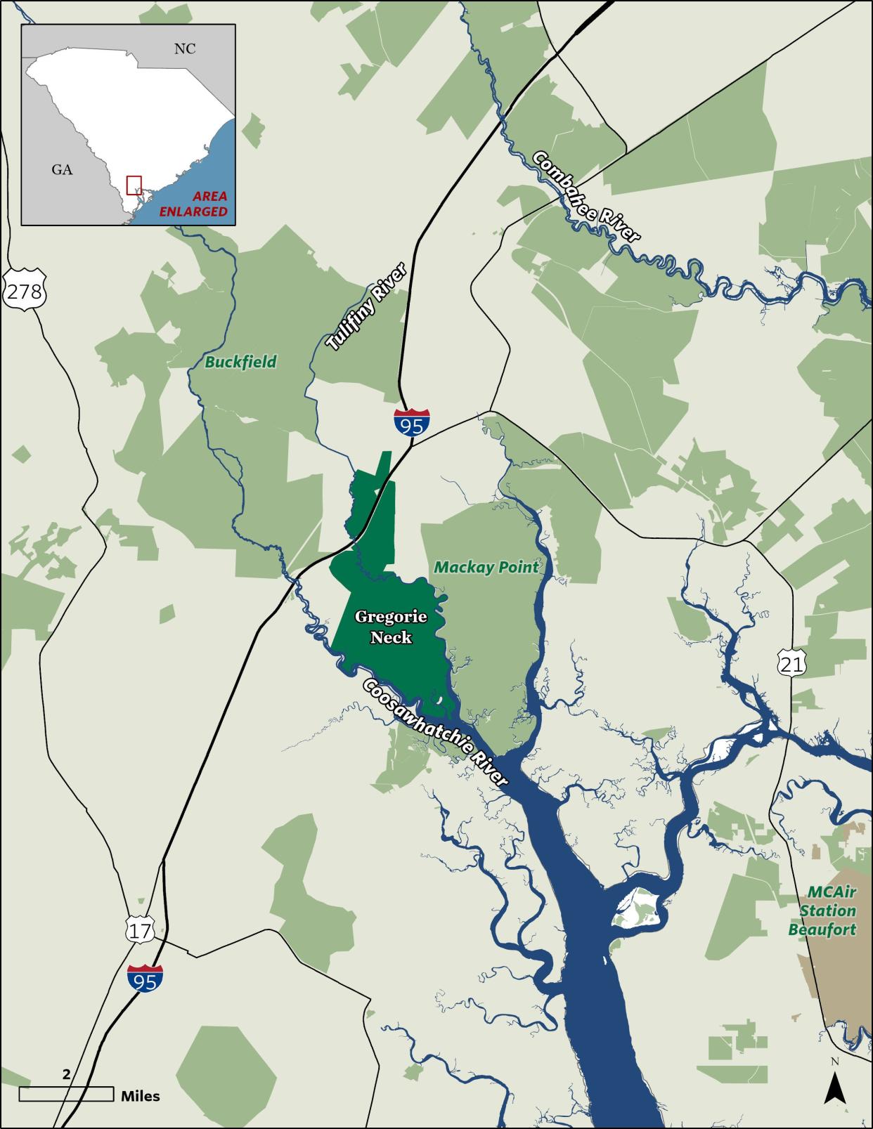 The 4,400-acre tract, about 40 miles northeast of Savannah, is flanked by deep water access on the Coosawhatchie and Tulifiny rivers, and bisected by Interstate 95.