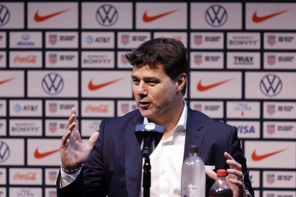 Mauricio Pochettino, the newly appointed head coach of the United States men's national soccer team, speaks at a press conference Friday, Sept. 13, 2024, in New York. (AP Photo/Adam Hunger)