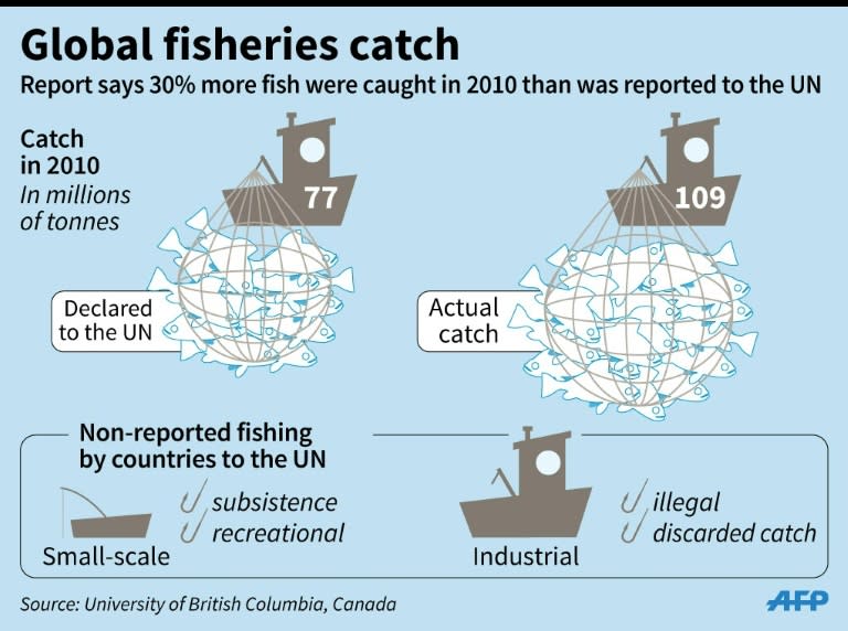 Graphic showing the offical quantity of fish caught in the world's oceans in 2010 compared to the actual amount, according to a new study