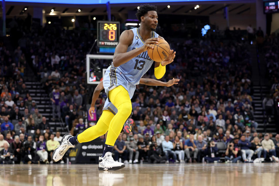 SACRAMENTO, CALIFORNIA - JANUARY 23: Jaren Jackson Jr. #13 of the Memphis Grizzlies dribbles the ball against the Sacramento Kings at Golden 1 Center on January 23, 2023 in Sacramento, California. NOTE TO USER: User expressly acknowledges and agrees that, by downloading and or using this photograph, User is consenting to the terms and conditions of the Getty Images License Agreement.  (Photo by Ezra Shaw/Getty Images)