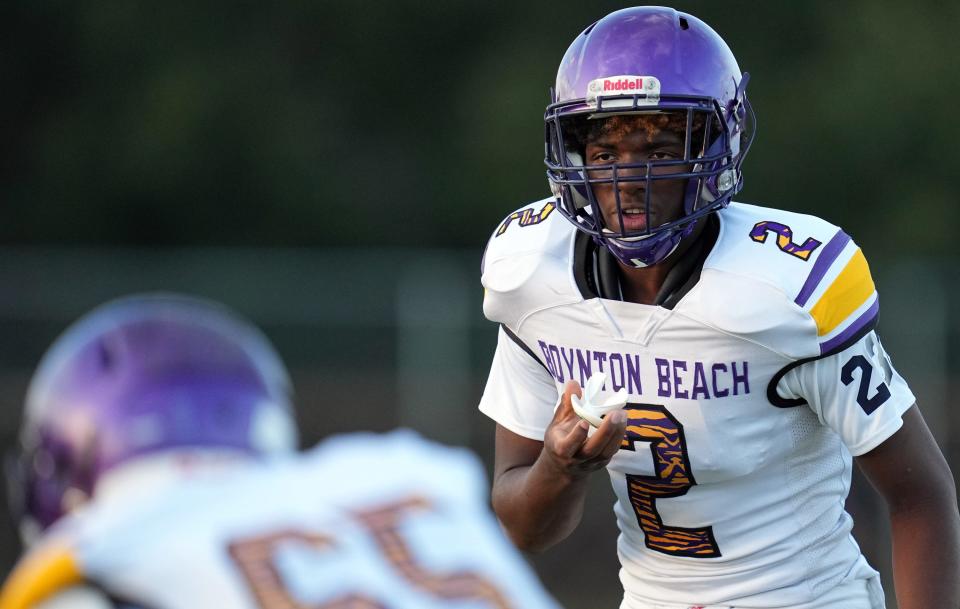 Boynton Beach quarterback Tyrone Smith (2) calls out the play during the first half against Santaluces High on Friday, September 2, 2022 in Lantana.