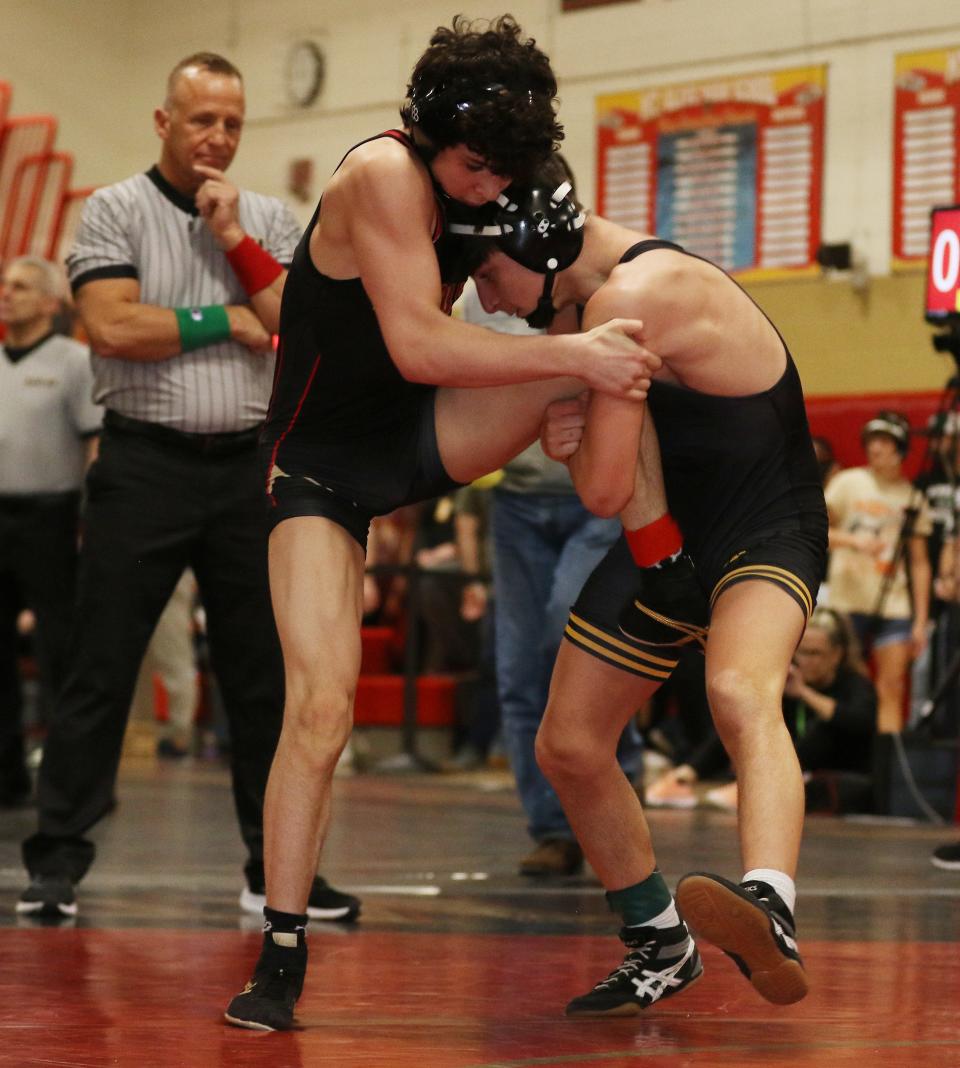 Mt Olive, NJ -- January 27, 2024 -- Nick DiFrancescantonio of Hanover Park won this 120 lb. semi-final, defeating Anthony Piemonte of Hanover Park in the Morris County Wrestling Tournament held in Mt. Olive, NJ on January 27, 2024.