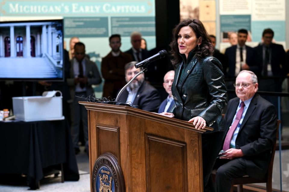 Gov. Gretchen Whitmer speaks during a dedication ceremony at Heritage Hall on Tuesday, Nov. 29, 2022, at the Capitol in Lansing.