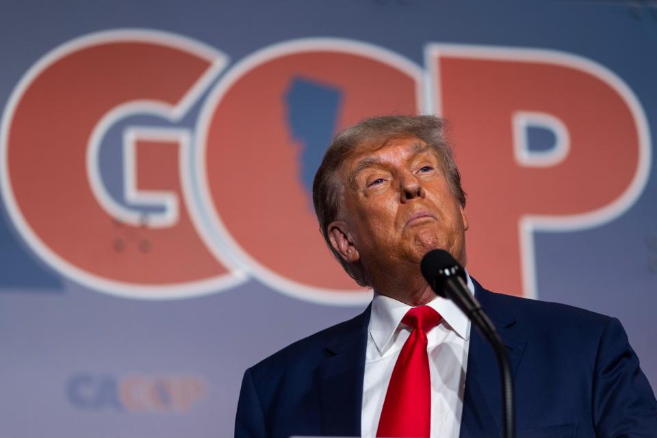 Former U.S. President Donald Trump speaks at the California GOP Fall convention on September 29, 2023 in Anaheim, California. Presidential candidates set to speak at the convention include former President Donald Trump, Florida Gov. Ron DeSantis, South Carolina Sen. Tim Scott, and entrepreneur, Vivek Ramaswamy. The event takes place from September 29 through October 1.