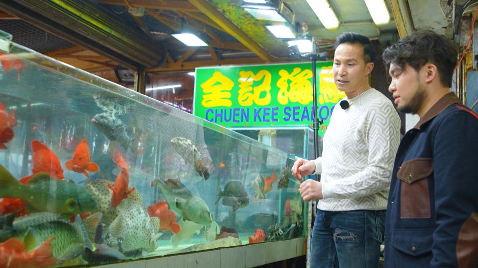 海鮮菜館老闆麟哥帶領許賢在店前撈魚和分辨魚類