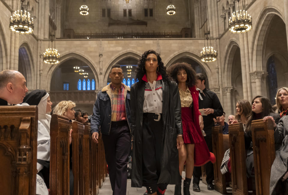 Ryan Jamaal Swain as Damon, Mj Rodriguez as Blanca and Indya Moore as Angel join the AIDS protest at St. Patrick's Cathedral in the Season 2 premiere of FX's 'Pose' (Macall Polay/FX)