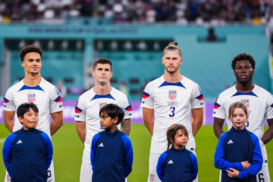 DOHA,  - DECEMBER 03: USAs Antonee Robison, Christian Pulisic, Walker Zimmerman and Yunus Musah before the round of 16 Match of the 2022 FIFA World Cup in Qatar between USA and Netherlands on December 3, 2022, at Khalifa International Stadium Doha, Qatar. (Photo by Richard Gordon/Icon Sportswire via Getty Images)