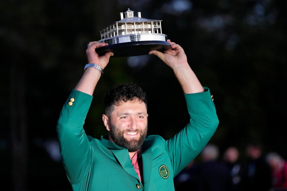 Jon Rahm poses with the Masters trophy after winning the 2023 Masters Tournament.