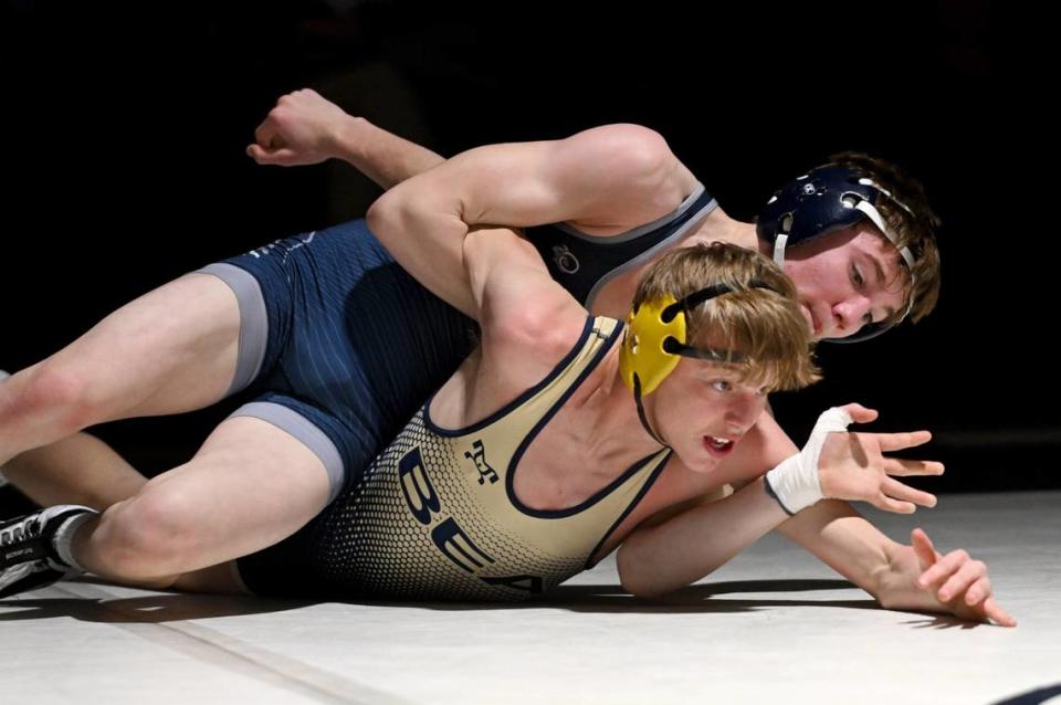 Penns Valley’s Jack Darlington controls Bald Eagle Area’s Gavin Guenot in the 121 lb bout of the match on Thursday, Jan. 24, 2024.