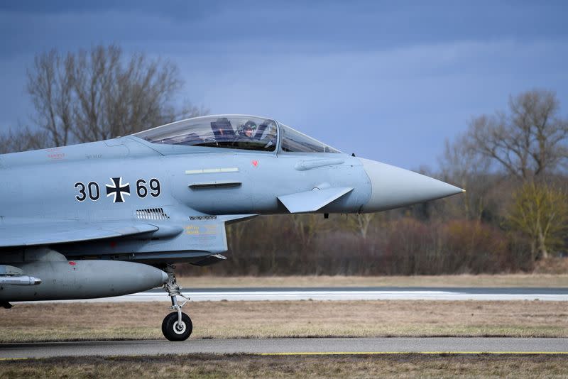 A Eurofighter jet transferred to Romania takes off at German Air Force base in Neuburg an der Donau