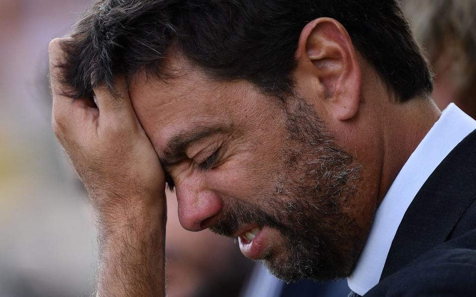 In this file photo taken on August 24, 2019 Juventus FC chairman, Andrea Agnelli reacts during the Italian Serie A football match Parma vs Juventus at the Ennio-Tardini stadium in Parma. - The entire board of directors at Juventus has resigned, including president Andrea Agnelli and vice president Pavel Nedved, the Italian Serie A club said in a statement on November 28, 2022 - MARCO BERTORELLO/AFP via Getty Images