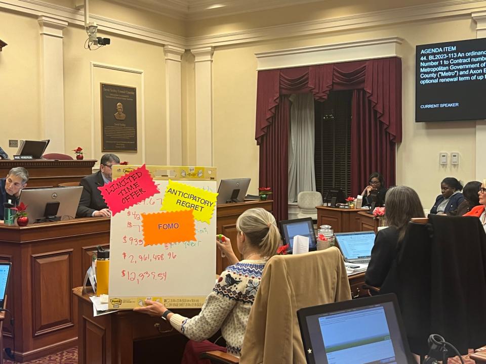 At-large Council member Quin Evans-Segall explains her opposition to a proposal for upgraded Tasers using a whiteboard visual on Tuesday, Dec. 5, 2023.