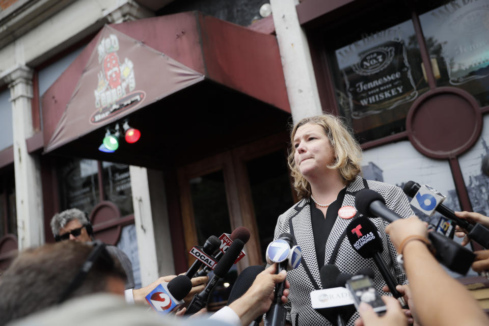 FILE - In this Aug. 6, 2019 file photo, Dayton, Ohio, Mayor Nan Whaley speaks to members of the media outside Ned Peppers bar in the Oregon District after a mass shooting that occurred early Sunday morning in Dayton. With a period of around 10 weeks, Dayton dealt with a Ku Klux Klan rally, a string of devastating tornadoes, and a mass shooting that killed nine people. Whaley says those events reflect a lack on action on national issues of white supremacist activity, climate change and gun violence. Her end-of-the-year reflections include searing memories of the natural disaster and attack as she looks ahead to a year dedicated to “healing and transformation.” (AP Photo/John Minchillo)