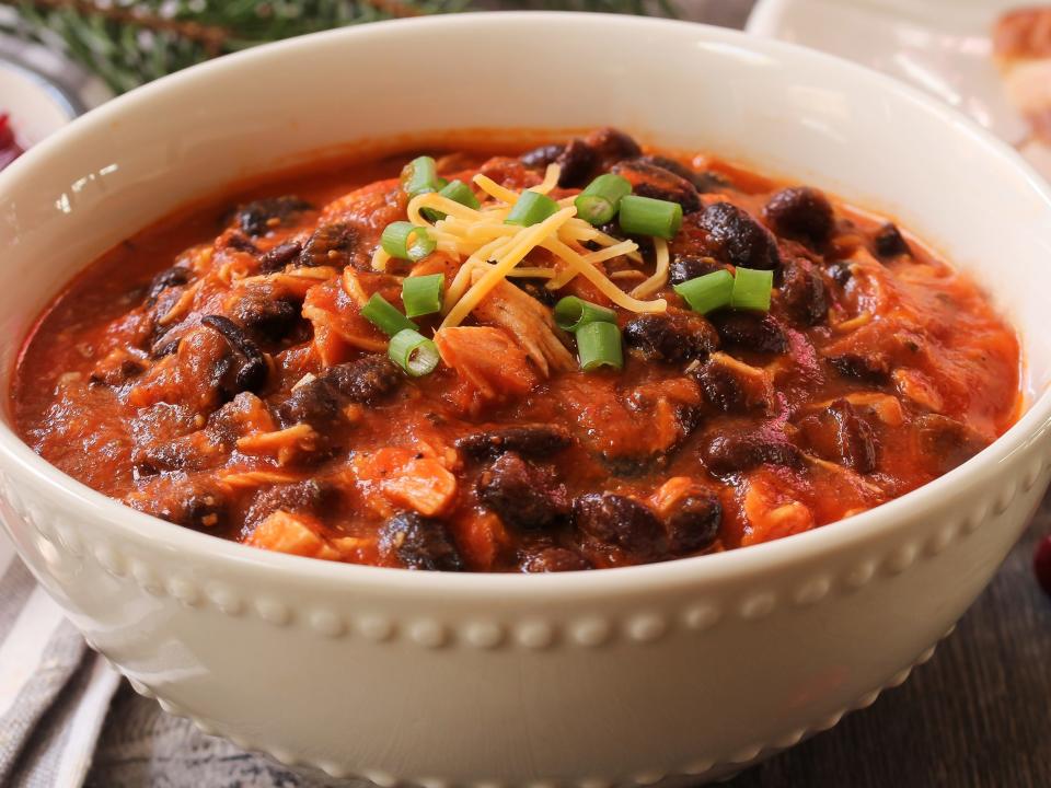 Turkey Chili in a white bowl