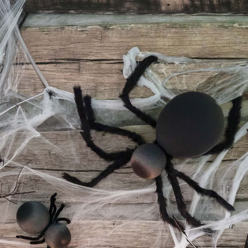 <p>Add a spooky balloon spider to your door for a not-too-creepy addition to your decor.</p><p><strong>Make the body:</strong> Blow up one large black balloon for the body and one smaller black balloon for the head. Tie the two balloon knots together to form the spider.</p><p><strong>Make the legs: </strong>Wrap eight lengths of unfurled wire hanger or 12-gauge craft wire with black faux fur, holding in place with hot-glue. Twist ends of four lengths together, creating bundles of legs. Repeat with remaining four lengths.</p><p><strong>Assemble the spider: </strong>Wrap a black pipe cleaner around twisted ends of leg bundles. Wrap pipe cleaner around “neck” of spider where balloons are tied together. Wrap fishing wire around leg to hang.</p>