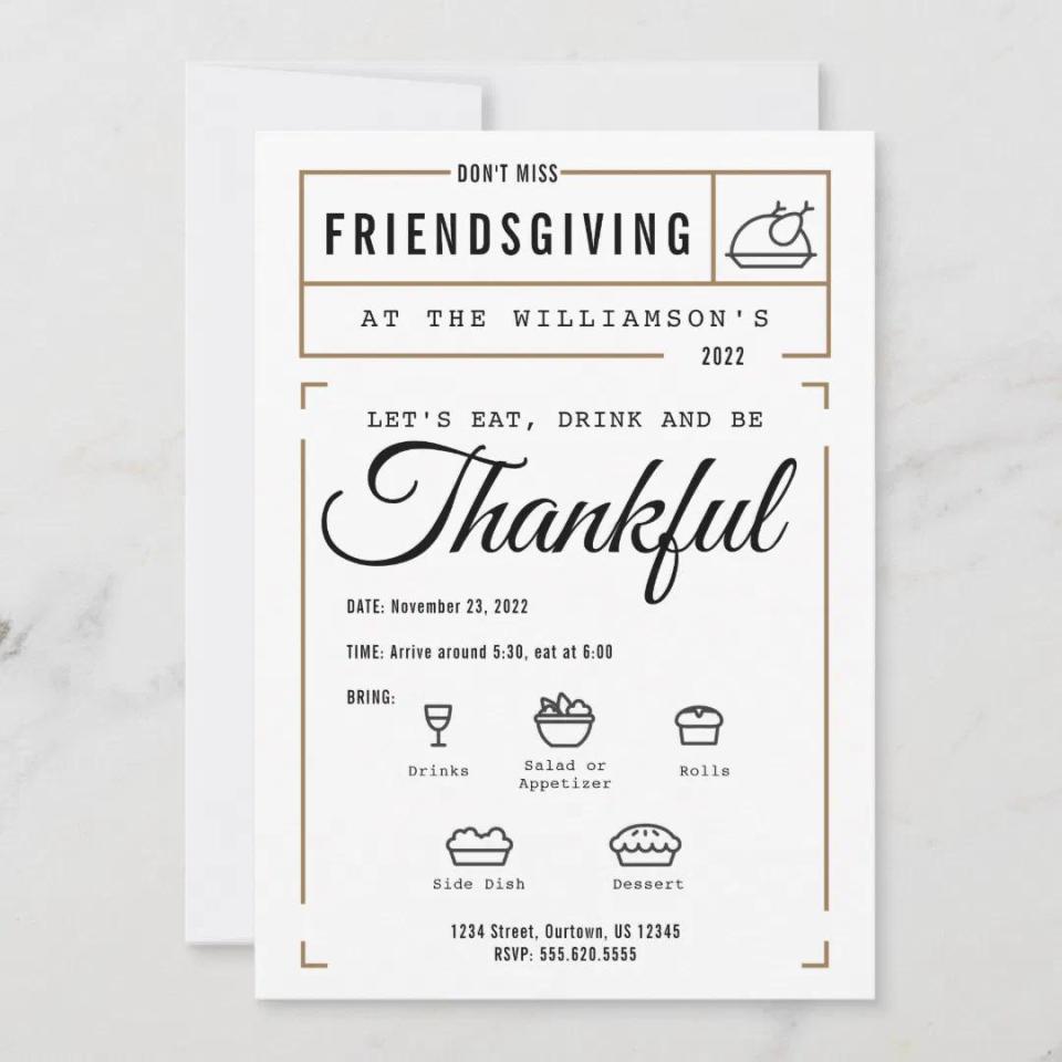 <p><a href="https://go.redirectingat.com?id=74968X1596630&url=https%3A%2F%2Fwww.zazzle.com%2Ffriendsgiving_invitation_editable-256875665814585882&sref=https%3A%2F%2Fwww.thepioneerwoman.com%2Fholidays-celebrations%2Fg44811004%2Ffriendsgiving-invitations%2F" rel="nofollow noopener" target="_blank" data-ylk="slk:Shop Now;elm:context_link;itc:0;sec:content-canvas" class="link ">Shop Now</a></p><p>Friendsgiving Potluck Invitation </p><p>$1.41</p><p>zazzle.com</p><span class="copyright">Zazzle</span>