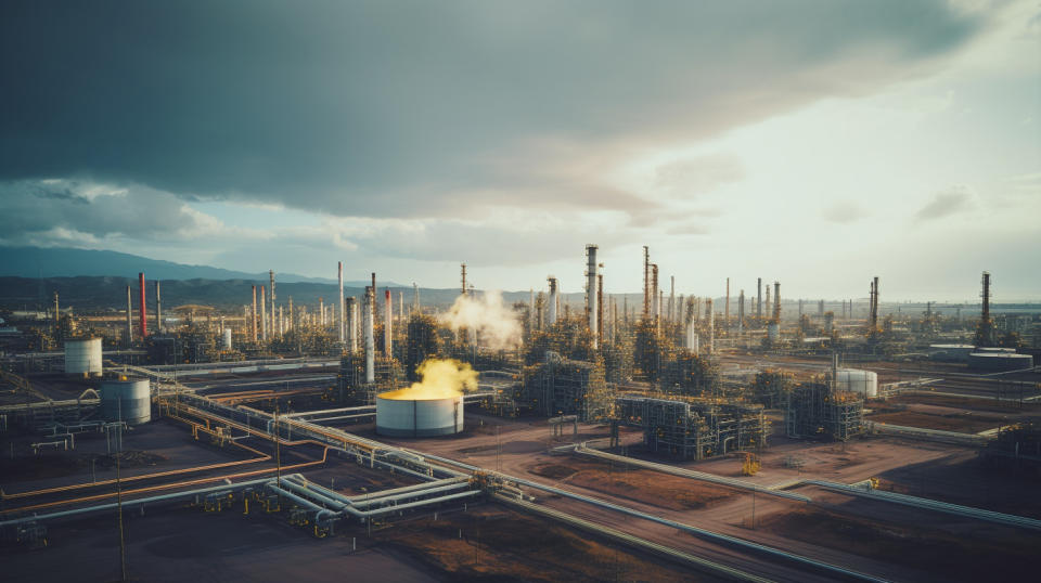 Aerial view of an industrial landscape showing the scale of oil and gas operations.