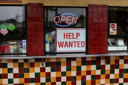 FILE PHOTO: A help wanted sign is posted at a taco stand in Solana Beach, California, U.S., July 17, 2017. REUTERS/Mike Blake