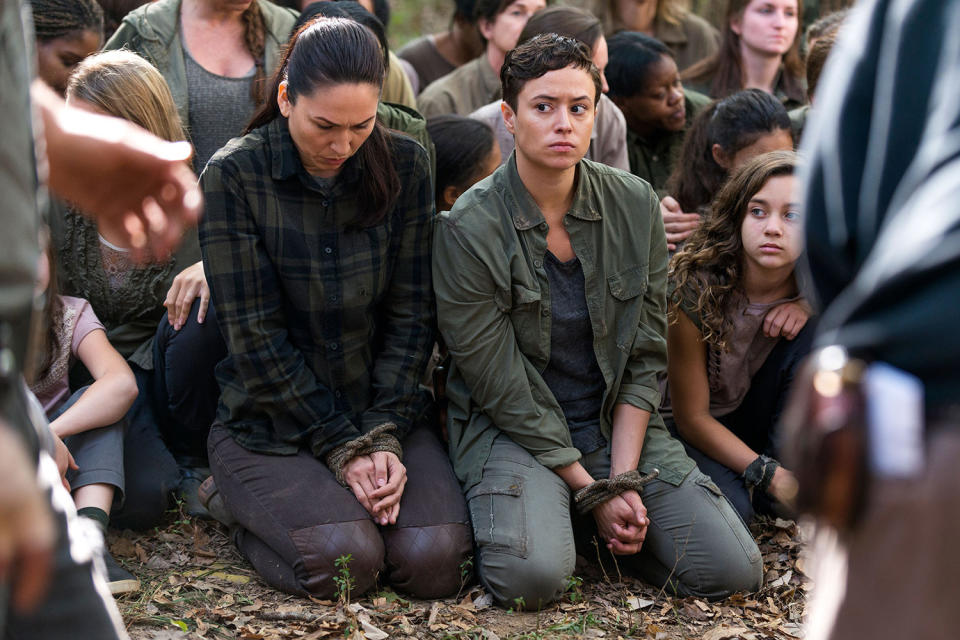 Nicole Barré as Kathy, Briana Venskus as Beatrice, and Mimi Kirkland as Rachel in <em>The Walking Dead</em>. (Photo: AMC)