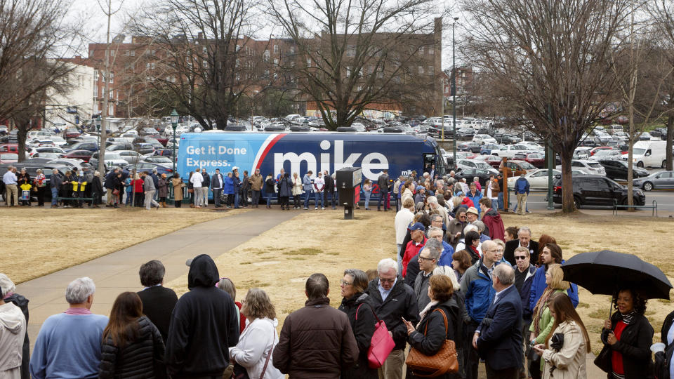 People lineup outside of the Bessie Smith Cultural Center to get inside for a Mike Bloomberg rally on Wednesday, Feb. 12, 2020 in Chattanooga, Tenn. (C.B. Schmelter /Chattanooga Times Free Press via AP)