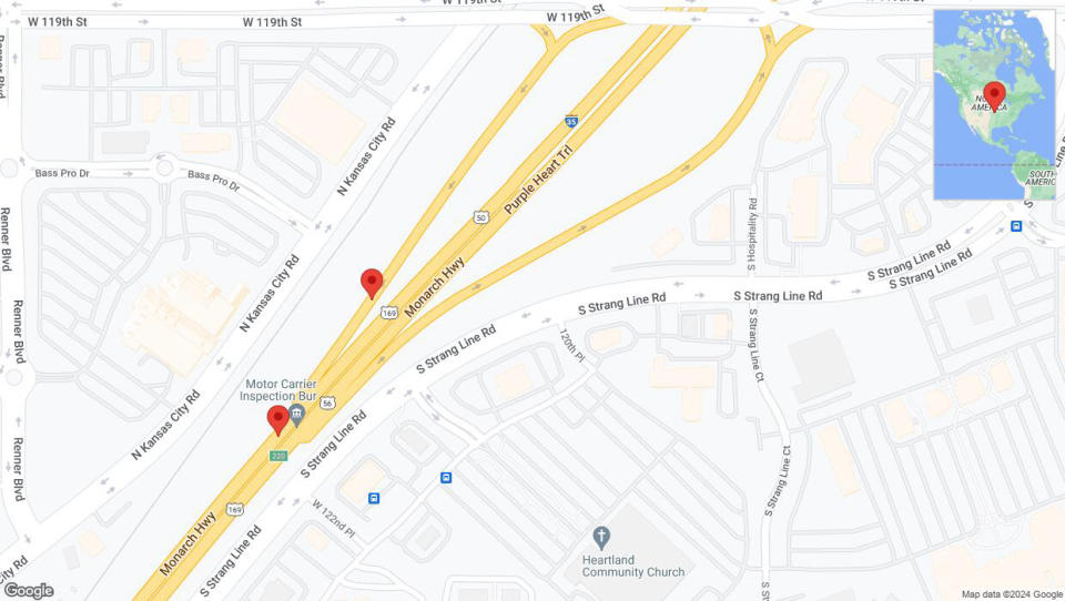 A detailed map that shows the affected road due to 'Broken down vehicle on the Monarch Highway in Olathe' on July 22nd at 6:03 p.m.