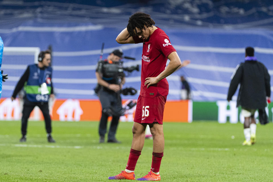 Trent Alexander-Arnold of Liverpool reacts after Liverpool was defeated by Real Madrid in the Champions League.