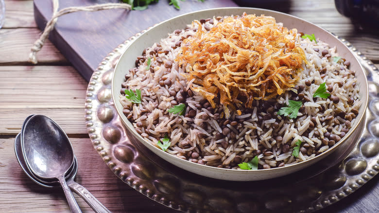 plate of mujadara with crispy onions