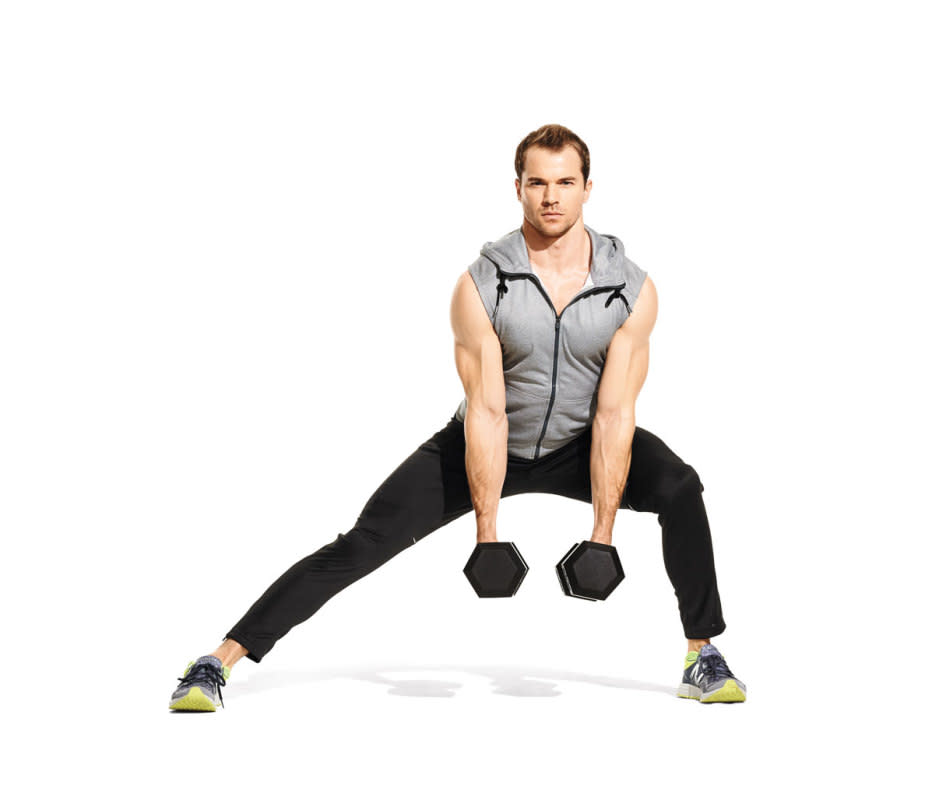 How to Do It:<ol><li>Stand with feet shoulder-width apart, holding a dumbbell in each hand, palms facing one another. </li><li>Step laterally to one side, bending this knee to come into a lunge as you lower the dumbbells toward the ground. </li><li>Drive through your foot to return to the starting position. That's 1 rep. </li></ol>