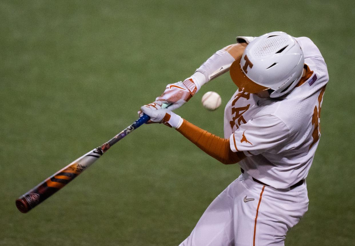 Texas' Peyton Powell fouls off a pitch during his fifth-inning at-bat in Tuesday's 9-3 loss to Texas State at UFCU Disch-Falk Field. The weary Longhorns, playing in their fifth game in five days, still lead the Big 12. "So what we have to do is just keep clear minds, flush this one and get ready for Baylor,” head coach Davis Pierce said.