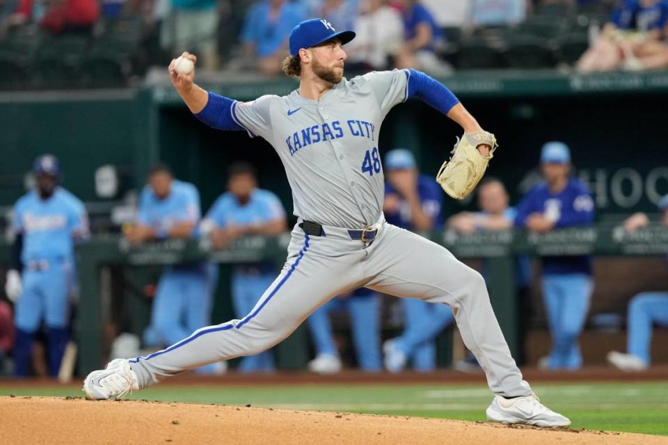 Kansas City Royals starter Alec Marsh pitches to the Rangers during Sunday’s game at Globe Life Field in Arlington, Texas.