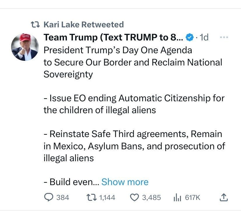 Kari Lake's retweet of Team Trump's Day One Agenda tweet on June 24, 2023.