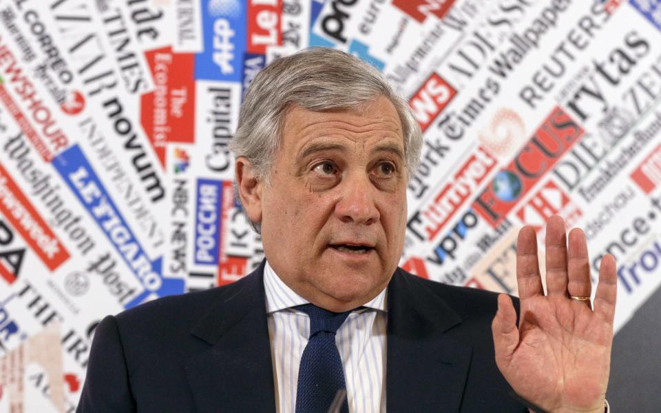 European Parliament President Antonio Tajani speaks during a news conference at the foreign press association in Rome, Monday Feb. 4, 2019. A key group of European Union countries has endorsed Venezuelan opposition leader Juan Guaido as the country's interim president, piling the pressure on embattled President Nicolas Maduro to resign and let the country hold a new presidential election. (AP Photo/Gregorio Borgia)