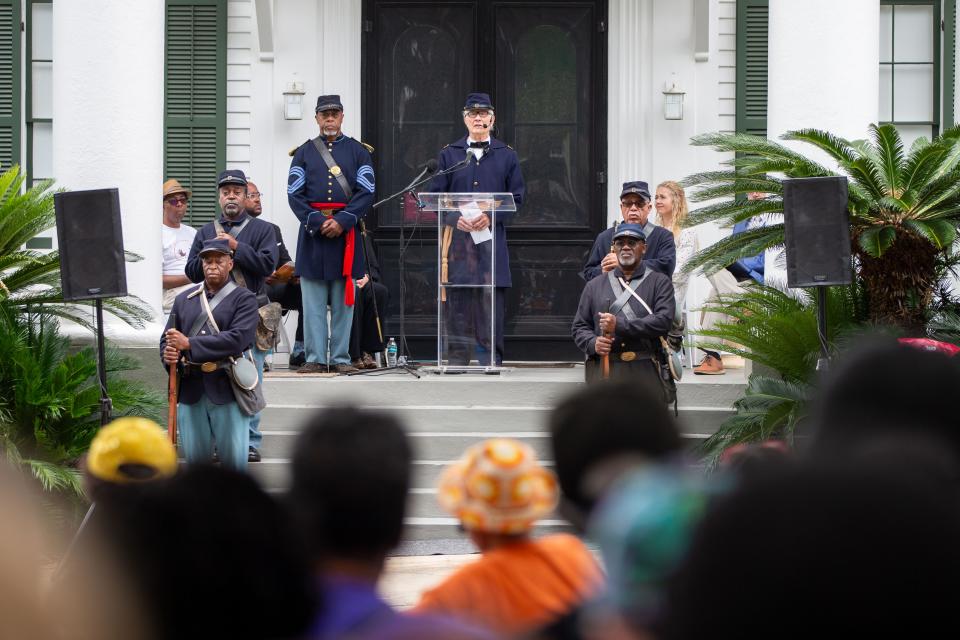 Brian Bibeau portraying Brigadier General Edward McCook reads the Emancipation Proclamation during the Emancipation Day celebration on Monday, May 20, 2024.
