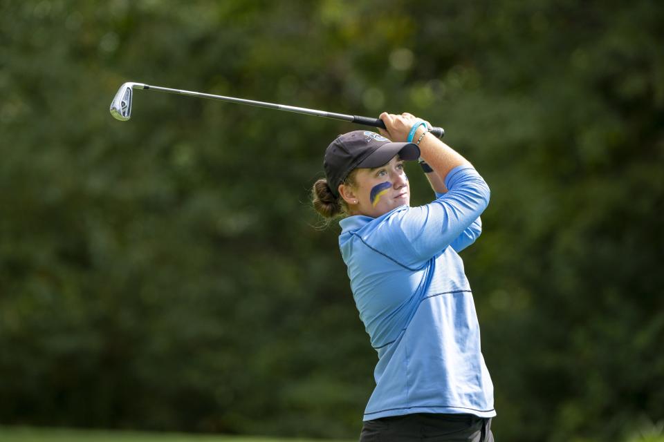 Carmel High School senior Claire Swathwood watches her tee shot during the first day of the IHSAA Girlsâ€™ Golf State Finals, Friday, Sept. 29, 2023, at Prairie View Golf Club.