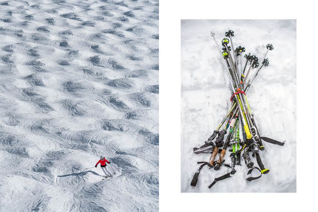 <p>Kari Medig</p> From left: Navigating the bumps below the Glacier Express lift, on Blackcomb Mountain; ski poles outside Big Red Cats, a tour operator in Rossland.