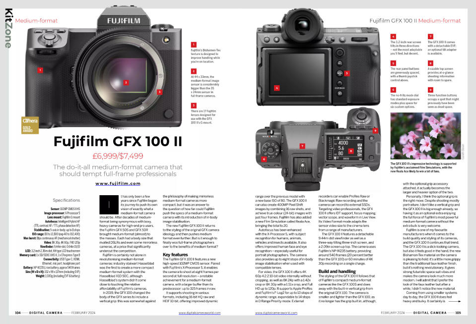 Image of first two pages of Fujifilm GFX 100 II camera review, Digital Camera magazine February 2024